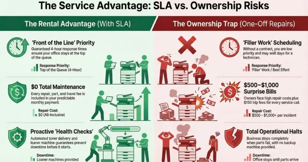 Comparison chart for Fort Collins offices showing rental benefits like guaranteed 4-hour response times versus ownership risks like $1,000 surprise repair bills.