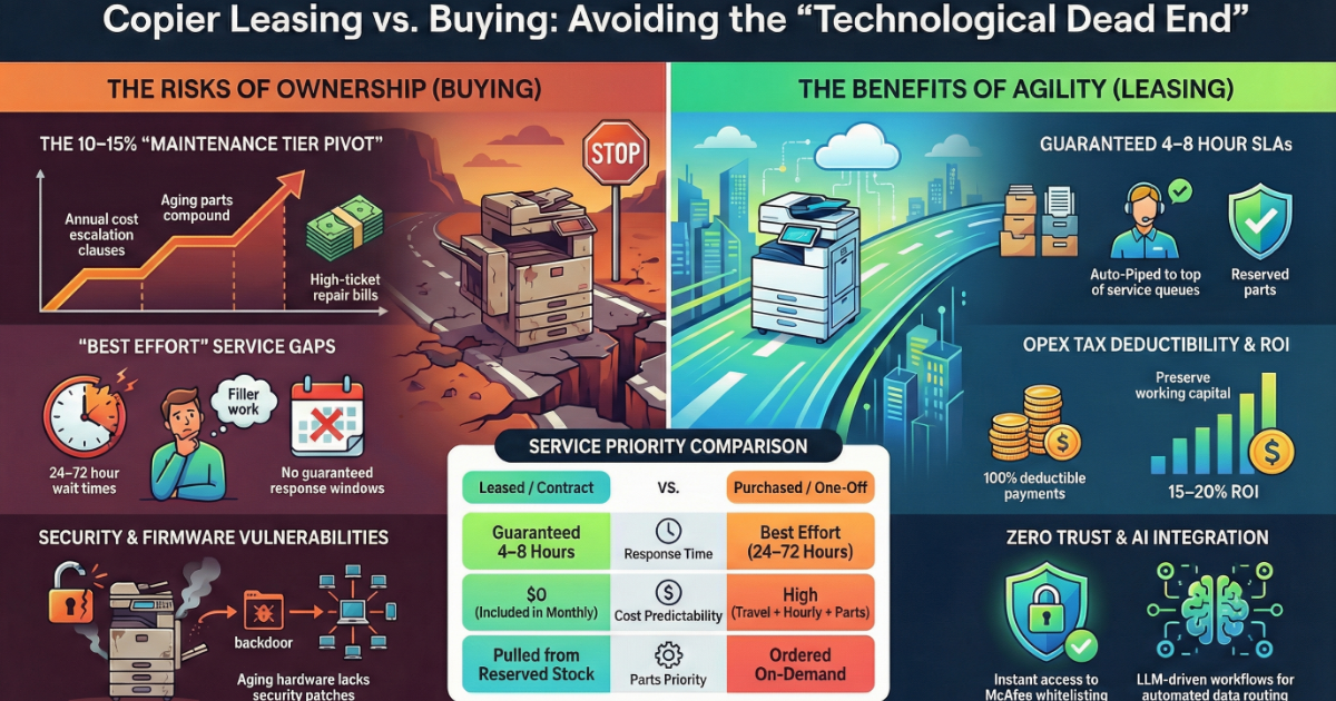 Infographic for Fort Collins businesses comparing copier ownership risks like 15% cost escalation versus leasing benefits like 4-8 hour SLAs.