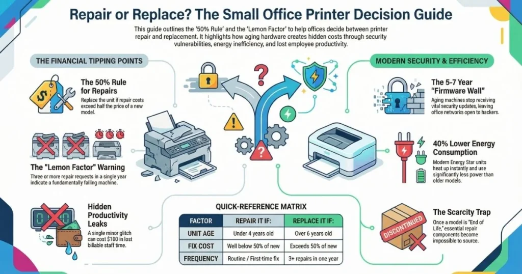 A financial tipping point matrix for Printer Repair in Fort Collins businesses, highlighting the scarcity trap and firmware security barriers.
