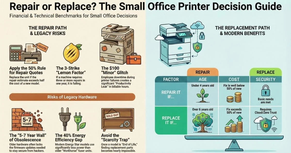 Visual guide for Fort Collins businesses deciding on Printer Repair, featuring the 50% rule, 3-strike lemon factor, and legacy hardware risks.