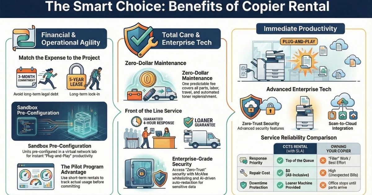 Infographic for Fort Collins businesses detailing Sandbox Pre-Configuration for plug-and-play productivity and Zero-Trust security features.
