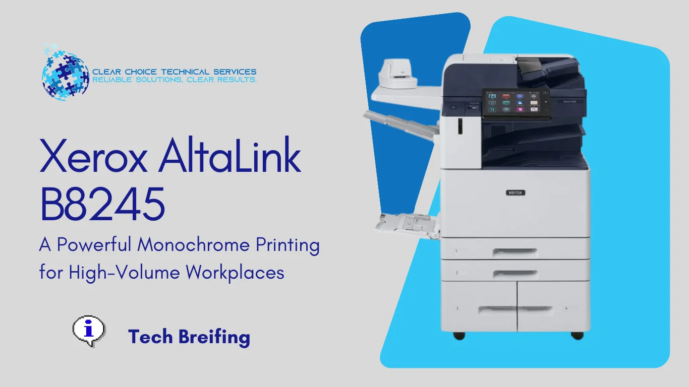Xerox AltaLink B8245 black-and-white multifunction printer with high-capacity tandem tray and customizable touchscreen at 3620 Weicker Dr, Fort Collins, CO.