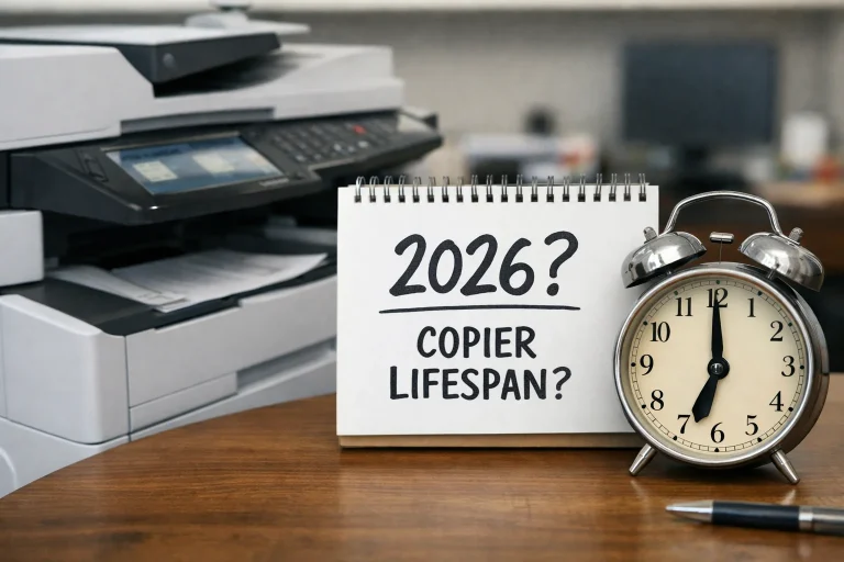 A desktop calendar and alarm clock next to an office copier questioning the average machine lifespan for Fort Collins businesses in 2026.