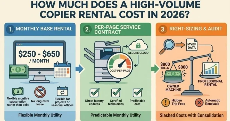 Infographic showing a Fort Collins Copier Rental Cost between $250 and $650 per month, featuring flexible monthly subscriptions and no long-term debt.