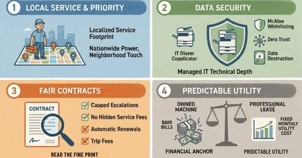Four-step guide to a Reliable Copier Lease in Fort Collins, covering local service footprints, Data Security, Fair Contracts, and Predictable Utility.