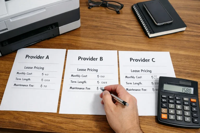 A professional at a desk in Fort Collins comparing copier lease pricing quotes from three different providers including monthly costs and maintenance fees.