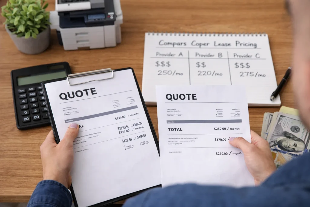Close-up of an office manager in Fort Collins reviewing copier lease pricing quote papers and cash for office equipment.