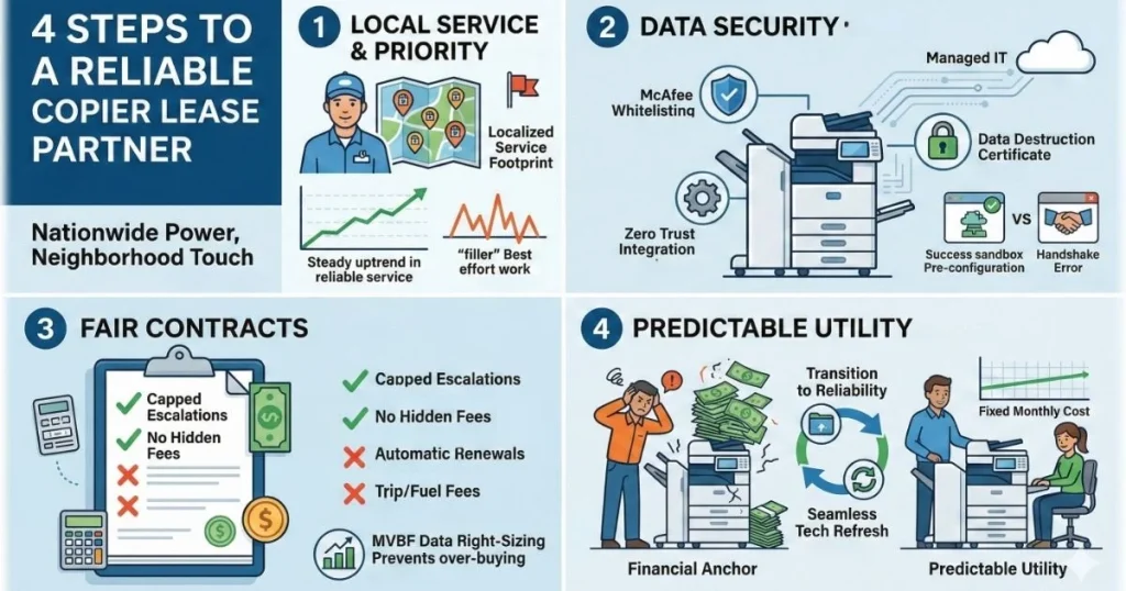 Comparison chart for a Reliable Copier Lease in Fort Collins, showcasing 4-hour response times, McAfee whitelisting, and no hidden service fees.