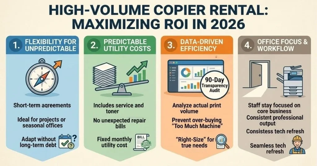Four-step guide to maximizing ROI and managing Copier Rental Cost in Fort Collins through 90-day transparency audits and data-driven efficiency.