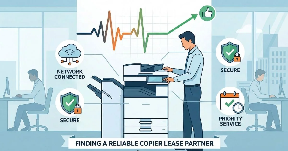 A professional technician providing a Reliable Copier Lease in Fort Collins, featuring 4-hour SLAs, secure network connectivity, and priority service.