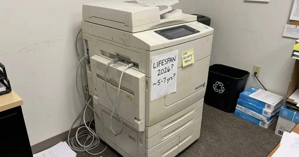 An older Xerox copier in a Fort Collins office corner with a handwritten note regarding its 2026 lifespan and security patch requirements.