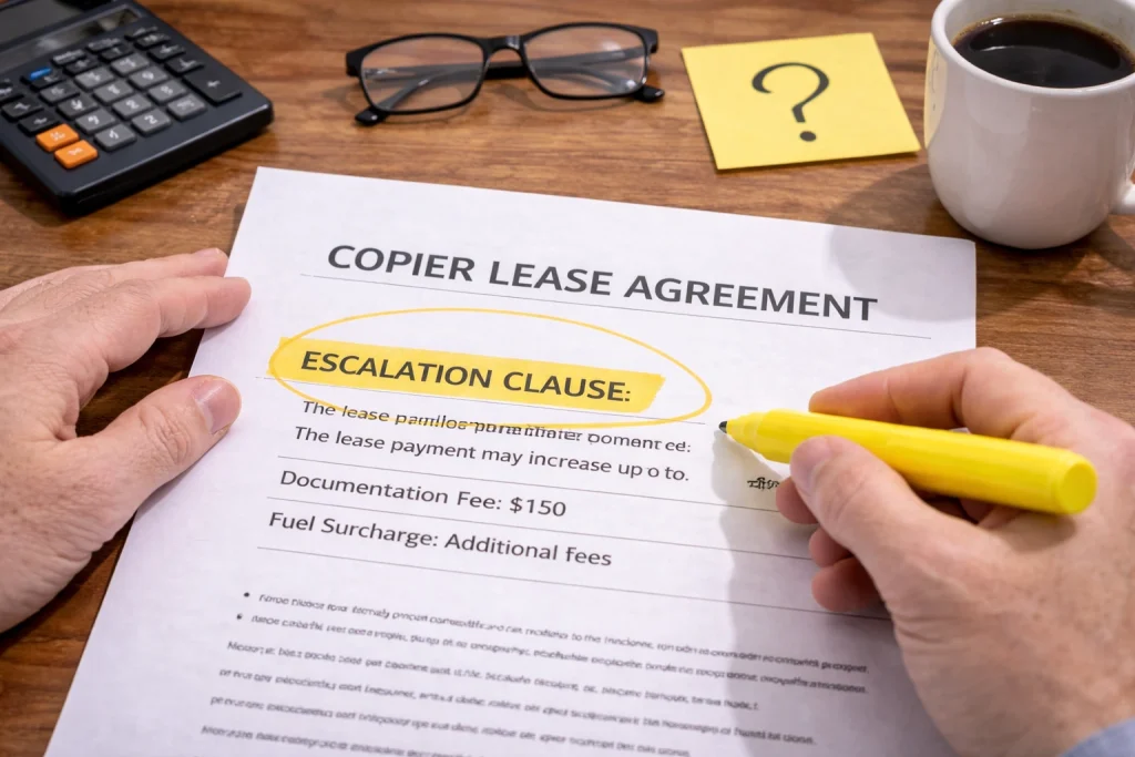 Hand highlighting a clause in a Fort Collins Copier Lease Agreement to ensure all terms are understood.