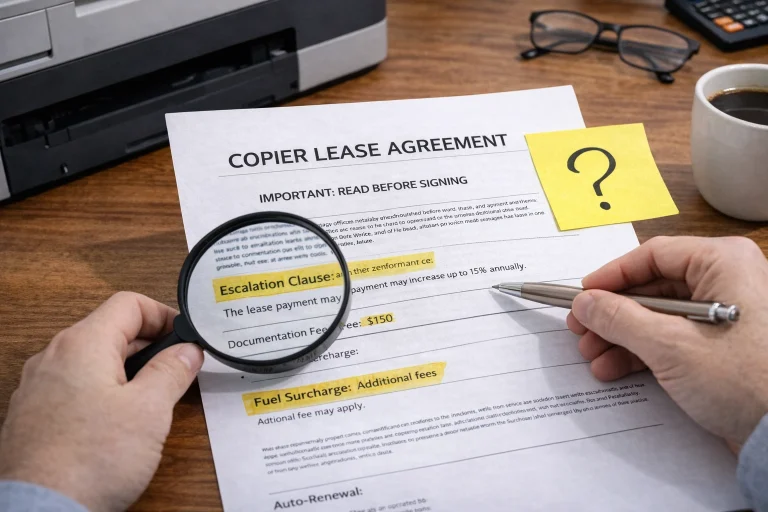 A business owner using a magnifying glass to inspect the fine print of Fort Collins Copier Lease Agreements.