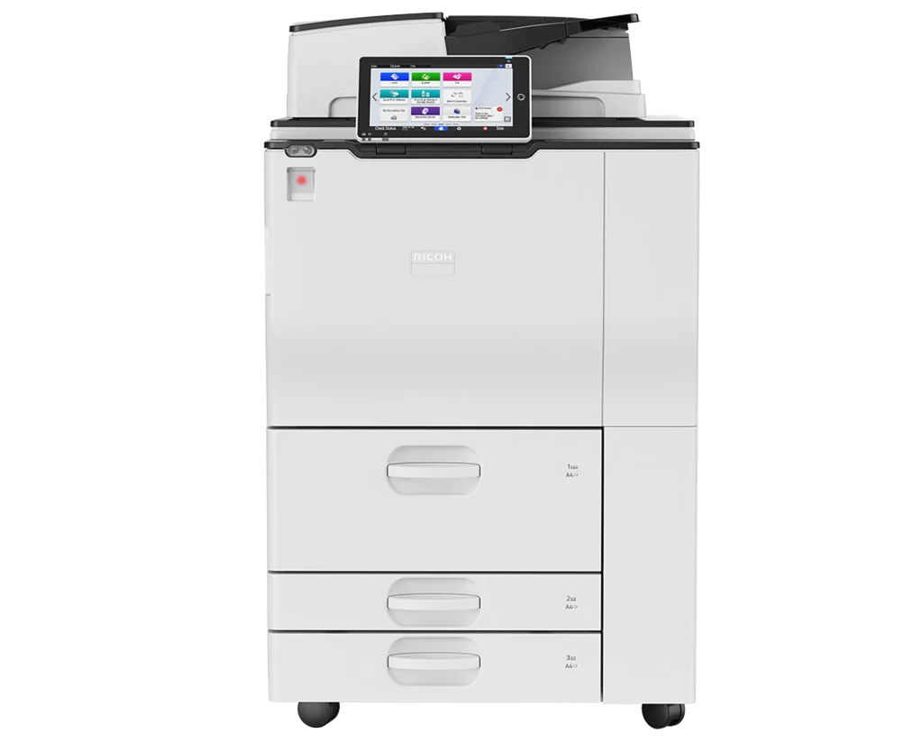 A high-capacity Ricoh multi-function printer receiving professional on-site diagnostic and repair services in a Fort Collins corporate office.