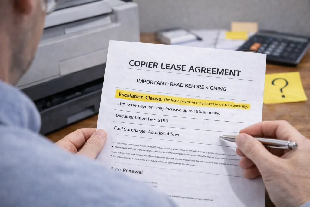 Person reviewing the "Important: Read Before Signing" section of Fort Collins Copier Lease Agreements.